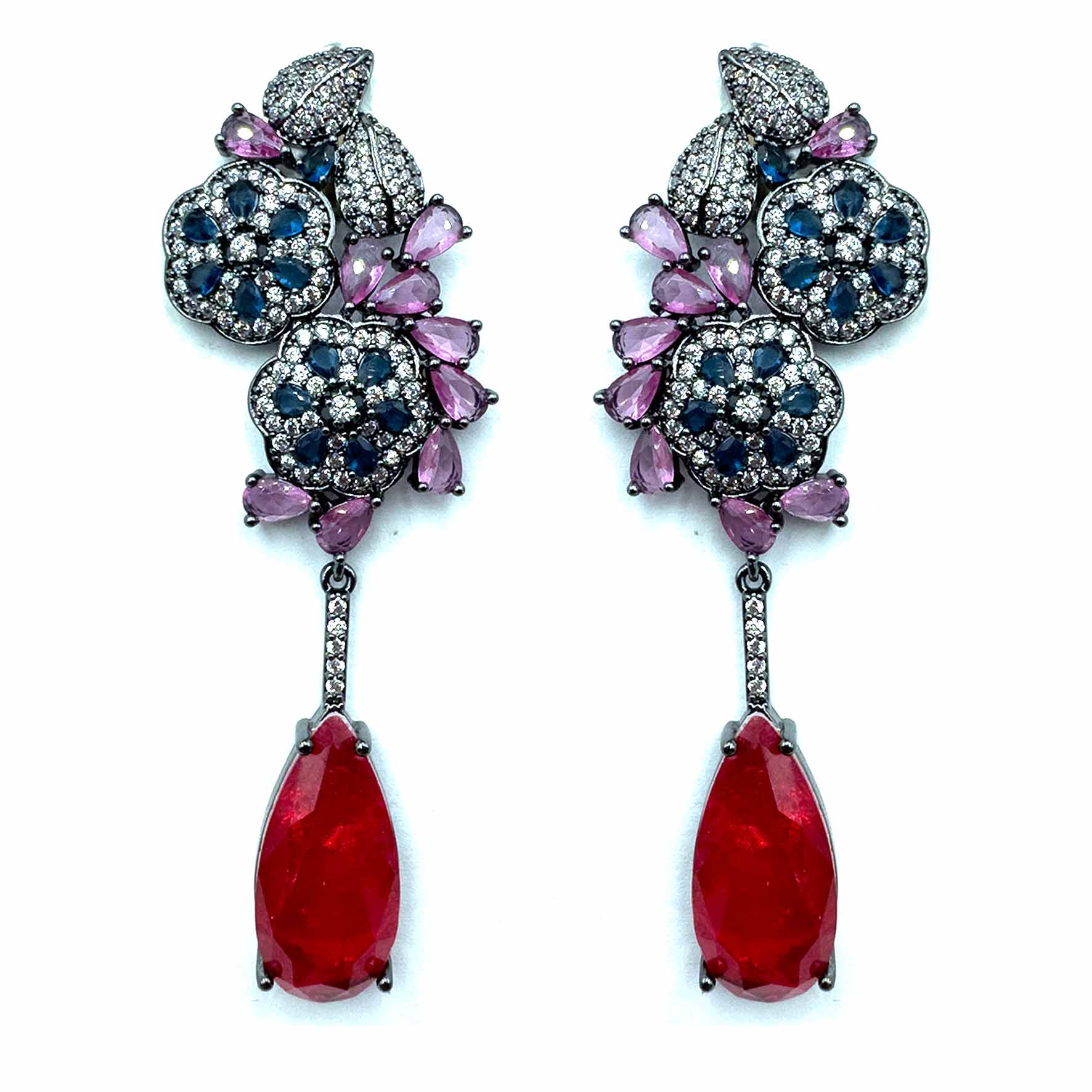 Palestro Milano Orecchini Multi goccia rossa Fiori e foglioline di pavè con goccia
