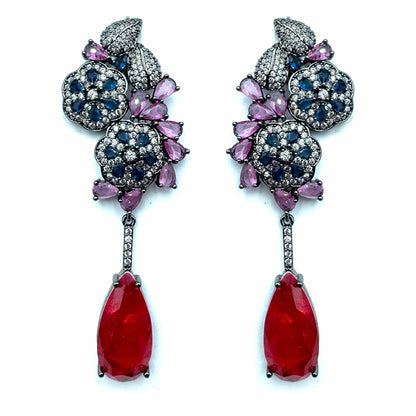 Palestro Milano Orecchini Multi goccia rossa Fiori e foglioline di pavè con goccia