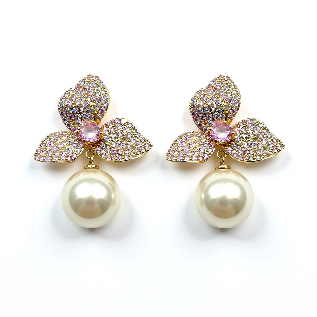 Palestro Milano Orecchini Rosa Bucaneve di pavè con perla - perla pendente edition