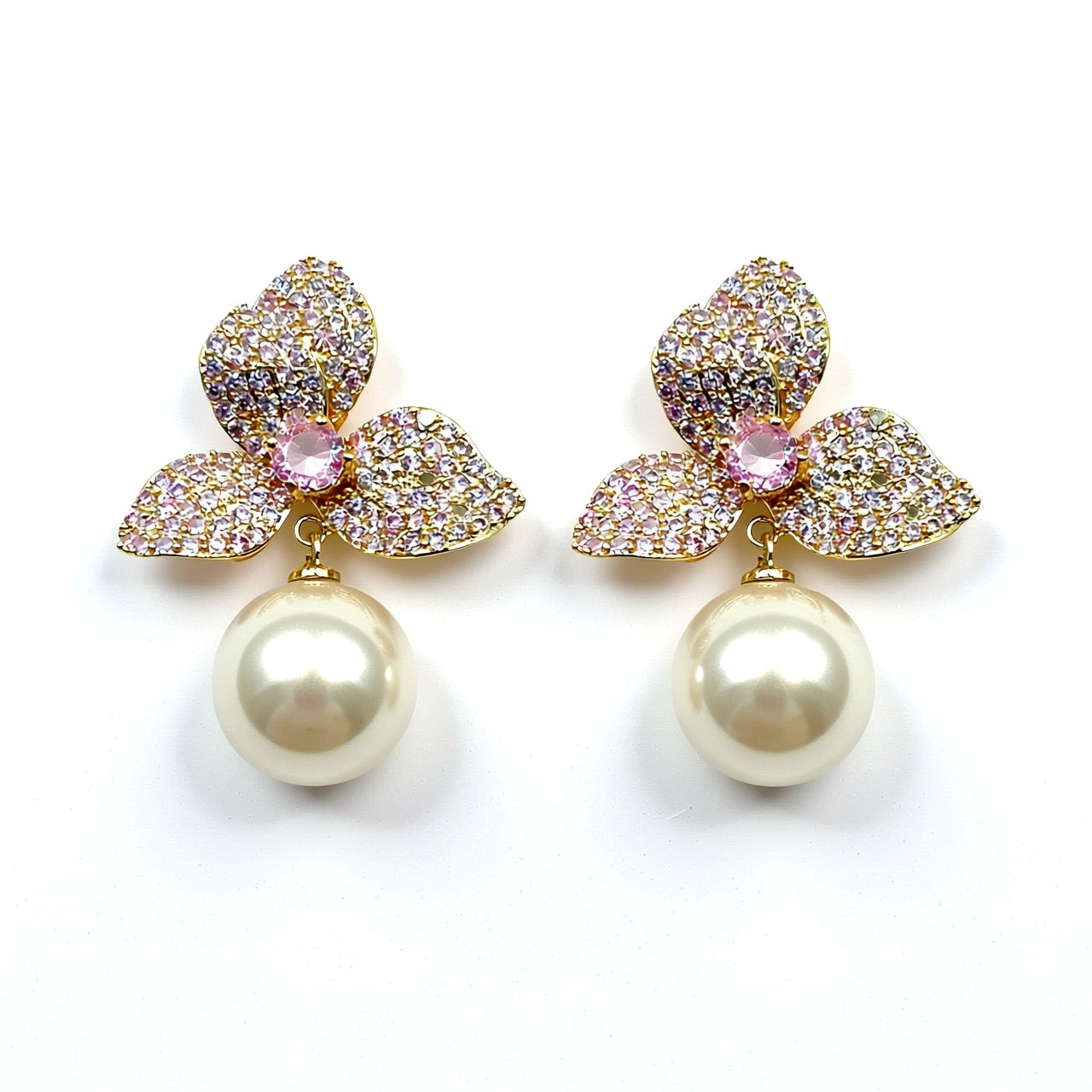 Palestro Milano Orecchini Rosa Bucaneve di pavè con perla - perla pendente edition