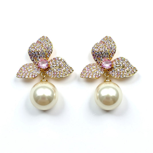 Palestro Milano Orecchini Rosa Bucaneve di pavè con perla - perla pendente edition