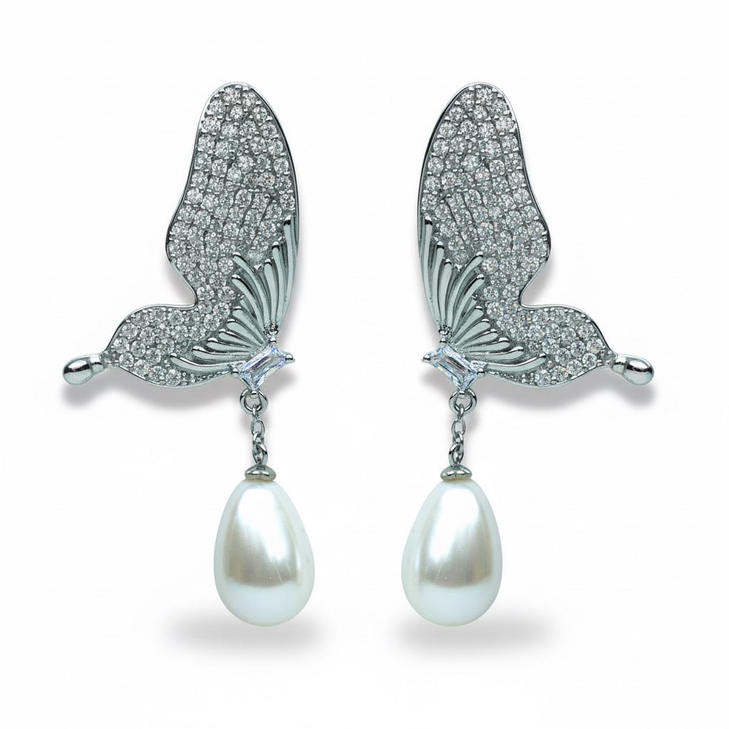 Palestro Milano Orecchini Silver Farfalle di pavè con perla a goccia