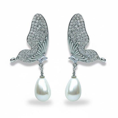 Palestro Milano Orecchini Silver Farfalle di pavè con perla a goccia