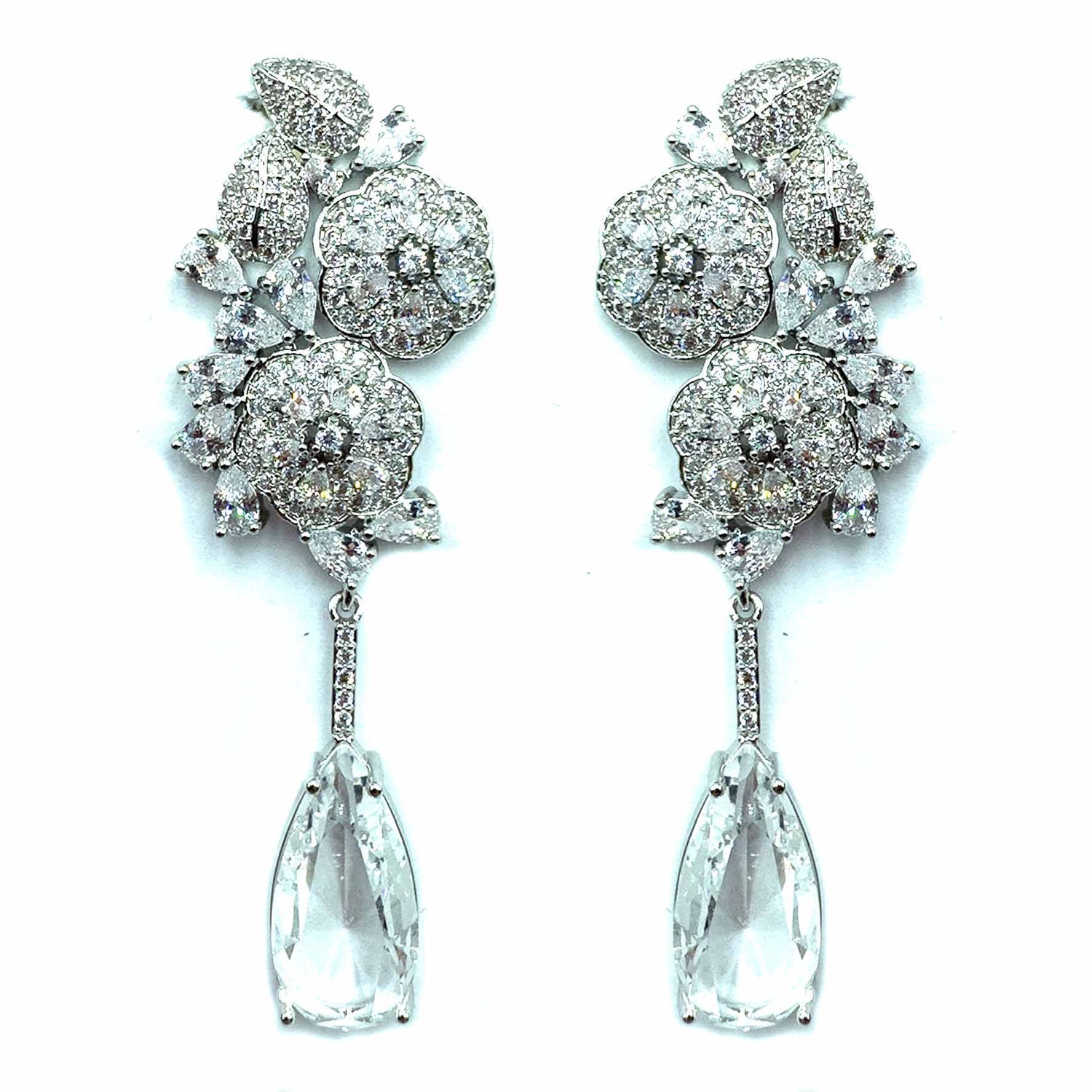 Palestro Milano Orecchini Silver Fiori e foglioline di pavè con goccia