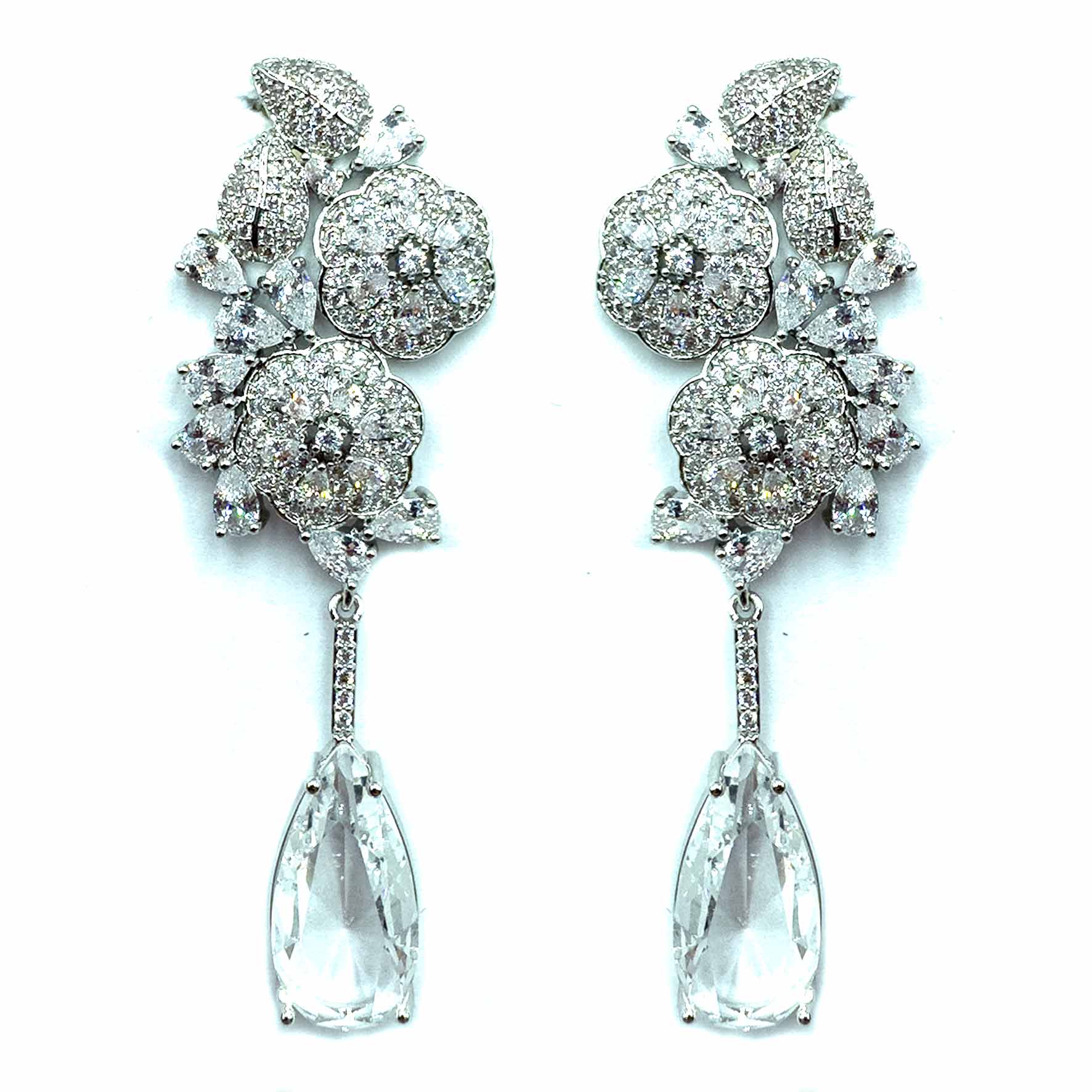 Palestro Milano Orecchini Silver Fiori e foglioline di pavè con goccia