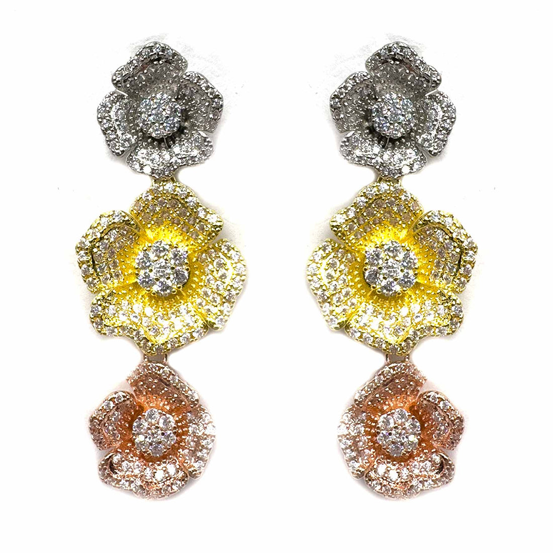 Palestro Milano Orecchini Silver/Gold/Rosè Trio di Fiori di Pavè