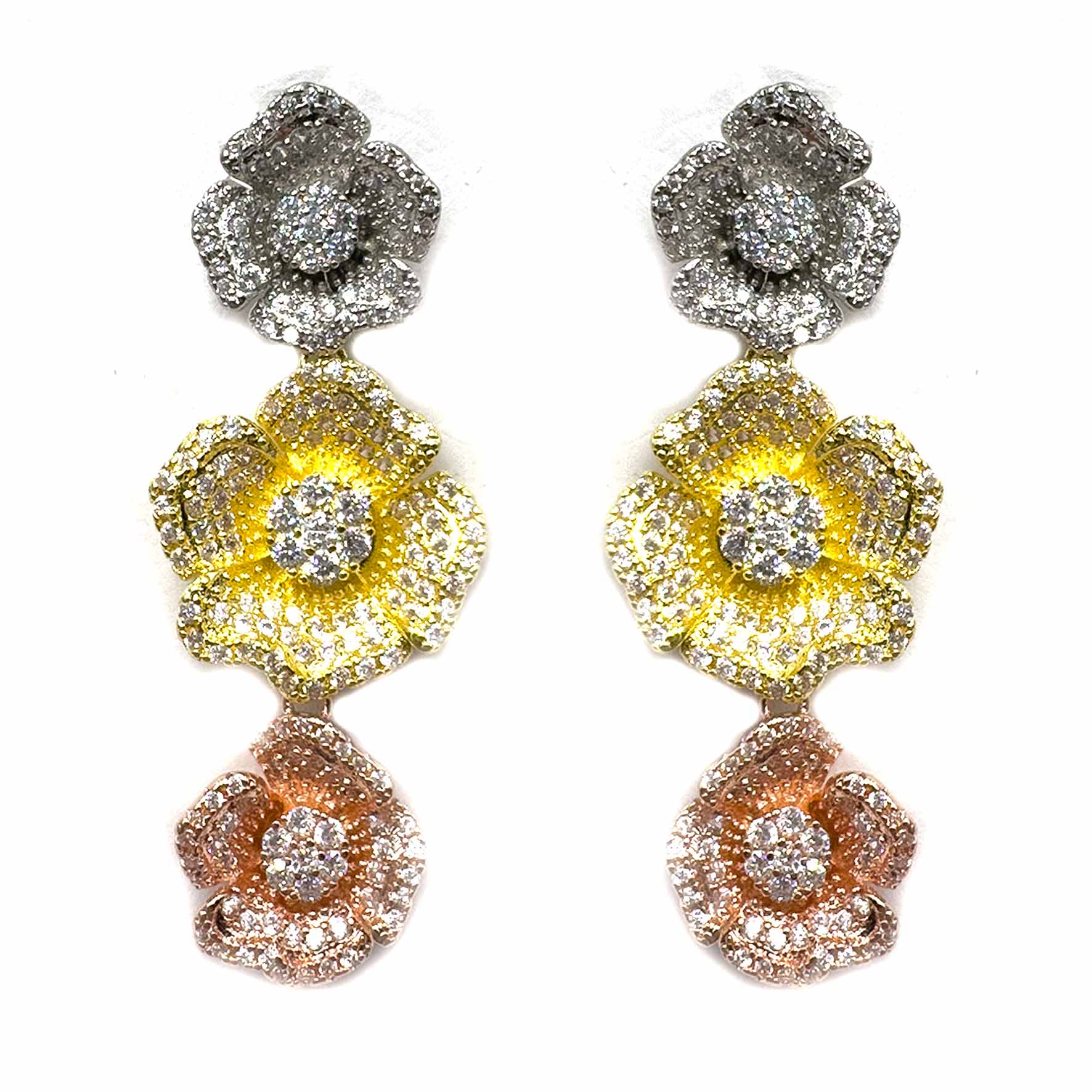 Palestro Milano Orecchini Silver/Gold/Rosè Trio di Fiori di Pavè