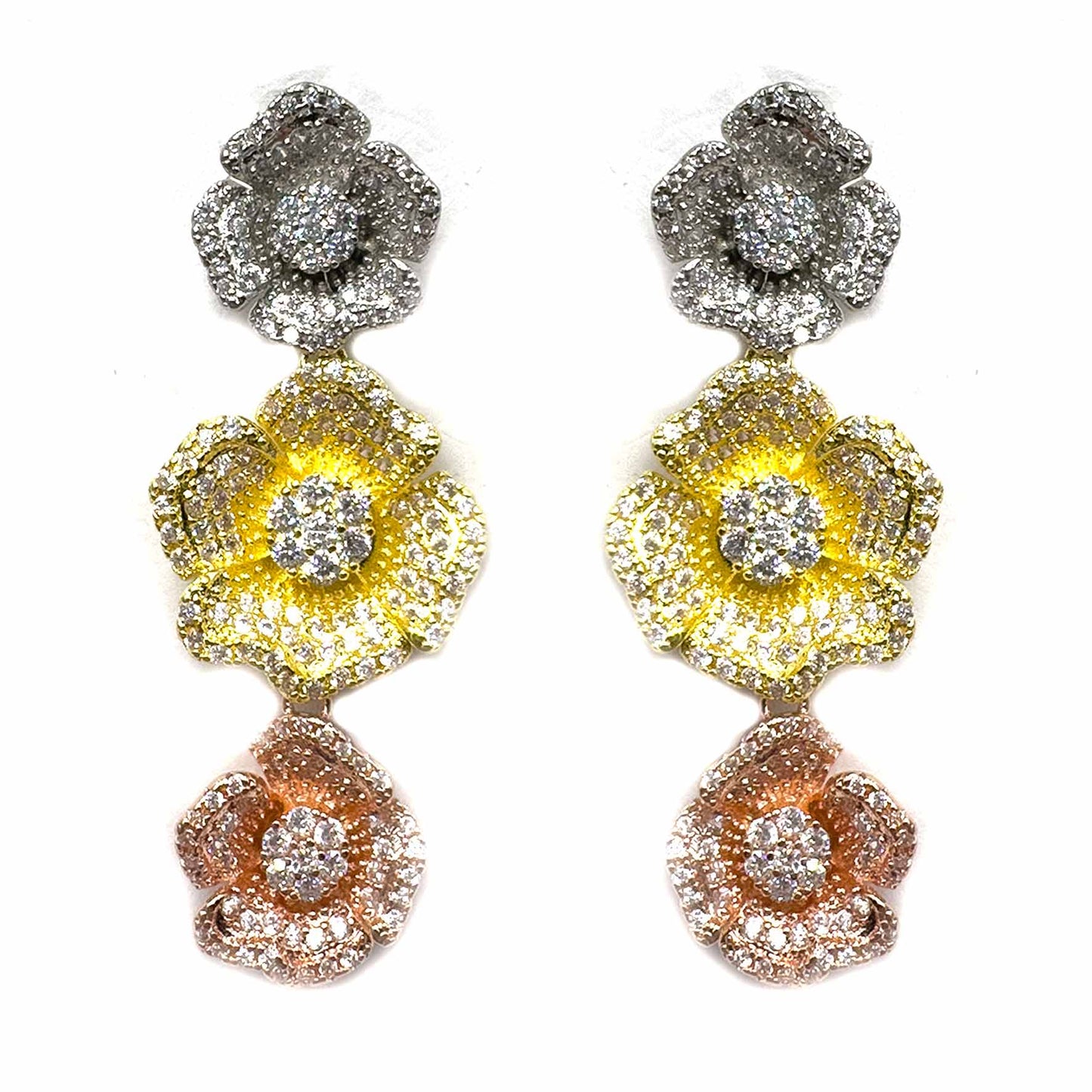 Palestro Milano Orecchini Silver/Gold/Rosè Trio di Fiori di Pavè