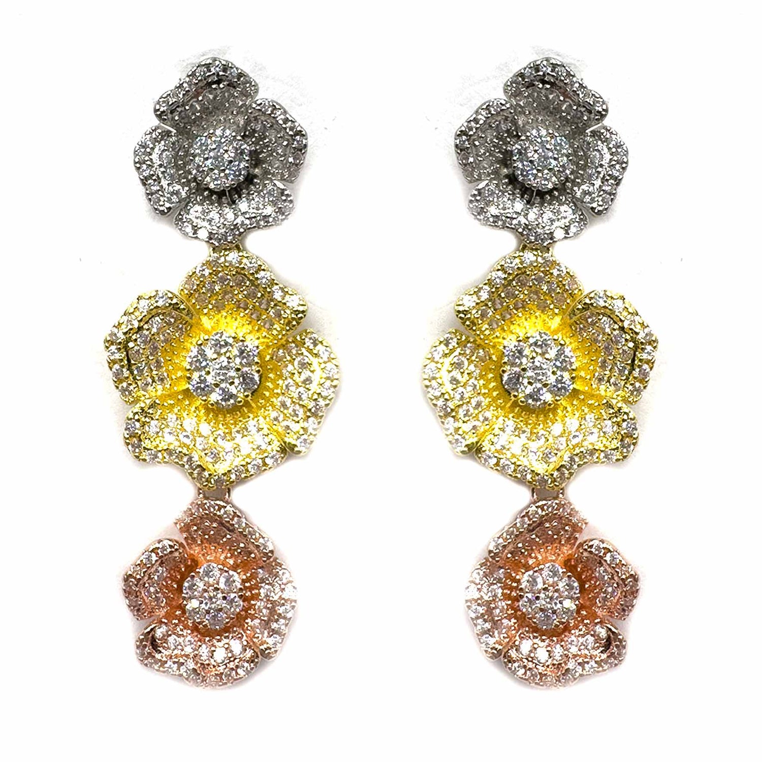 Palestro Milano Orecchini Silver/Gold/Rosè Trio di Fiori di Pavè