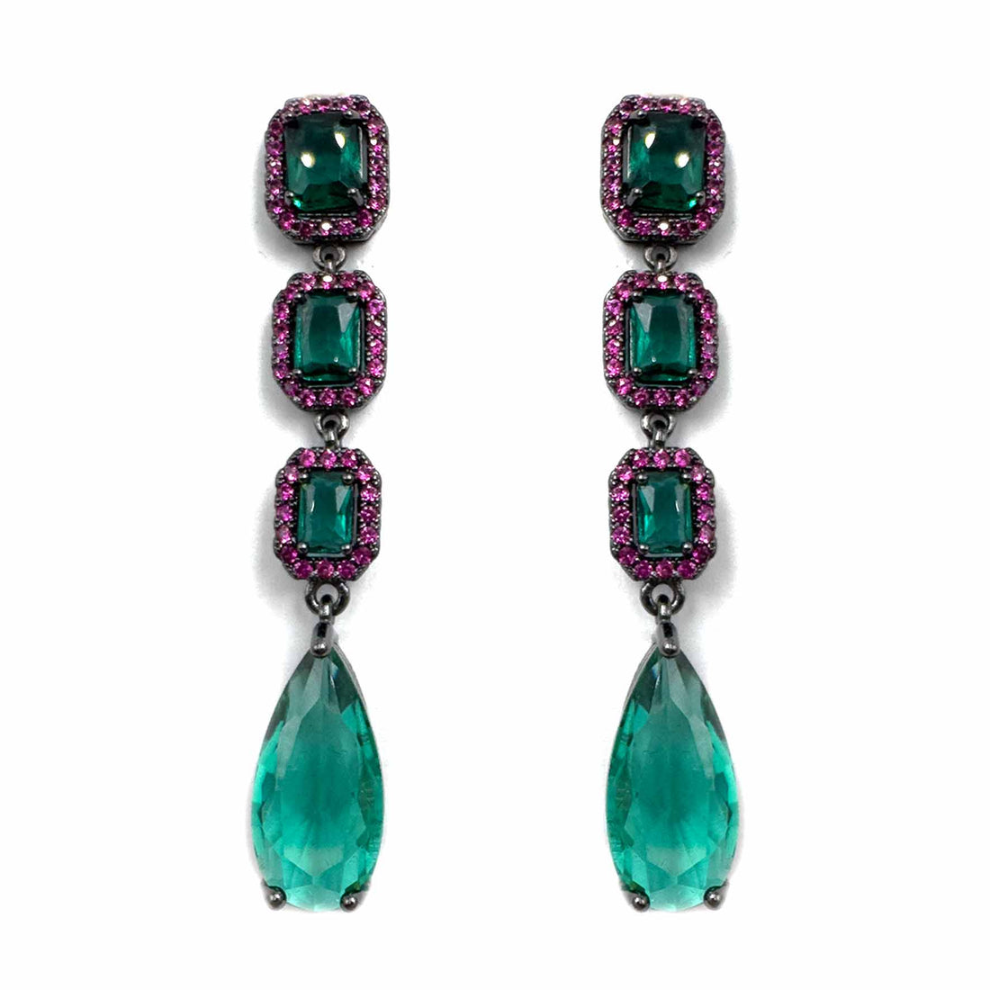 Palestro Milano Orecchini Smeraldo-Fucsia Trio di smeraldi con pavè fucsia