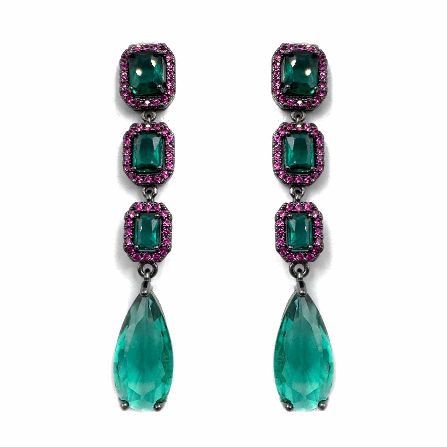 Palestro Milano Orecchini Smeraldo-Fucsia Trio di smeraldi con pavè fucsia