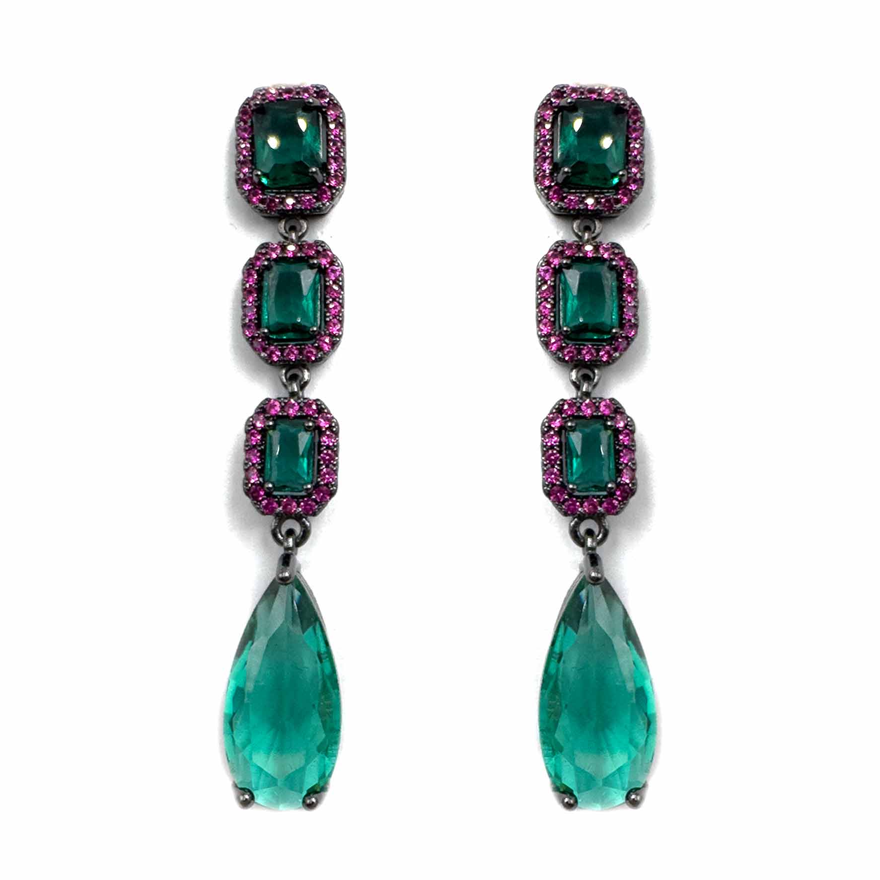 Palestro Milano Orecchini Smeraldo-Fucsia Trio di smeraldi con pavè fucsia