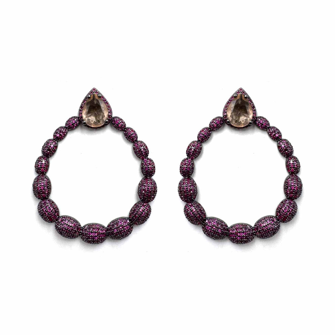 Palestro Milano Orecchini Tondo fucsia di pavè con pietra a goccia pesca