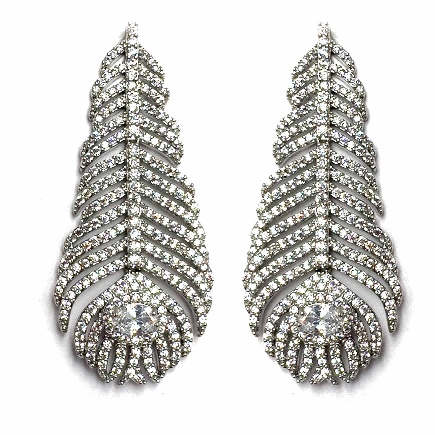 Palestro Milano Orecchini Total Silver Piume di pavone pavè