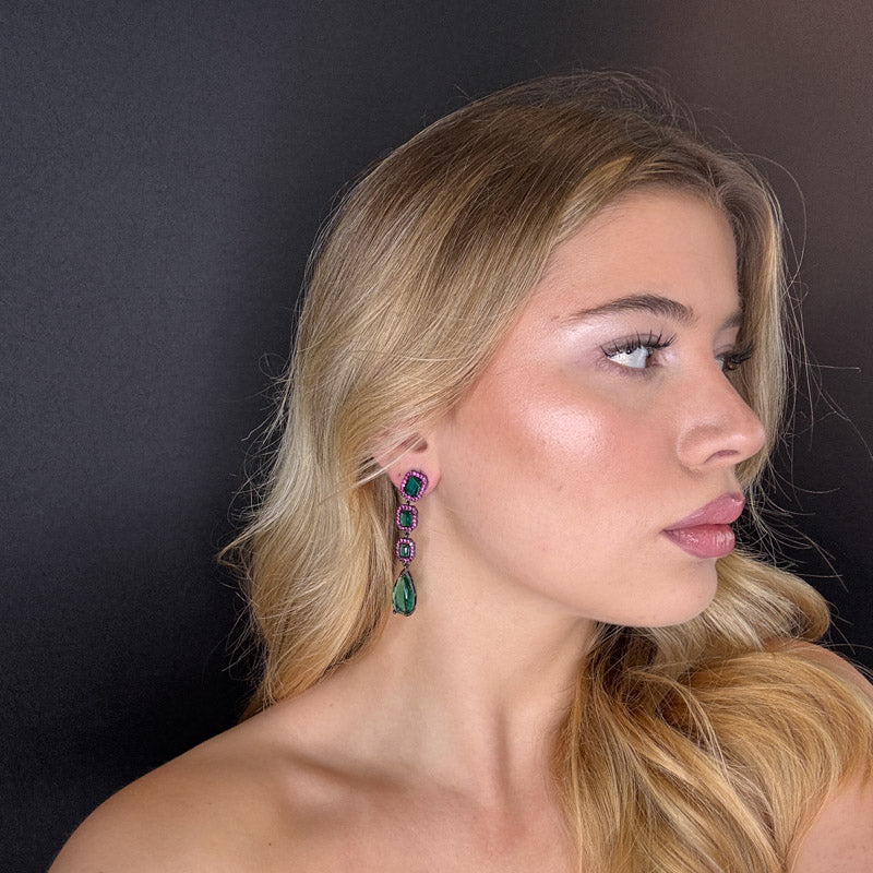 Palestro Milano Orecchini Trio di smeraldi con pavè fucsia