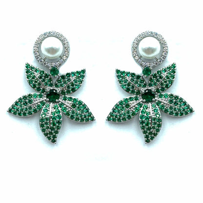 Palestro Milano Orecchini Verde con perlina Fogliolina di pavè