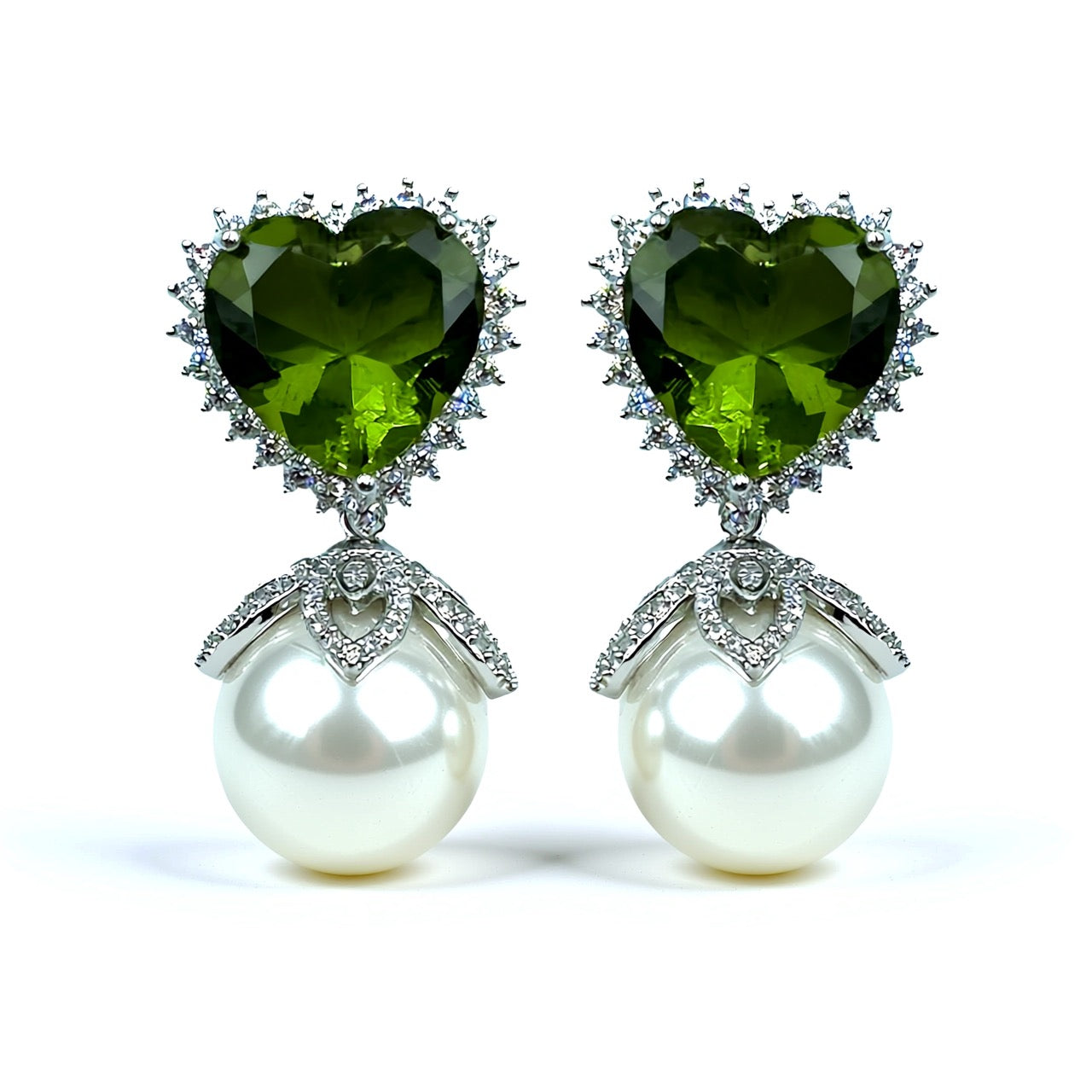 Palestro Milano Orecchini Verde Oliva-Perla bianca Cuore in cornice di pavè con perla