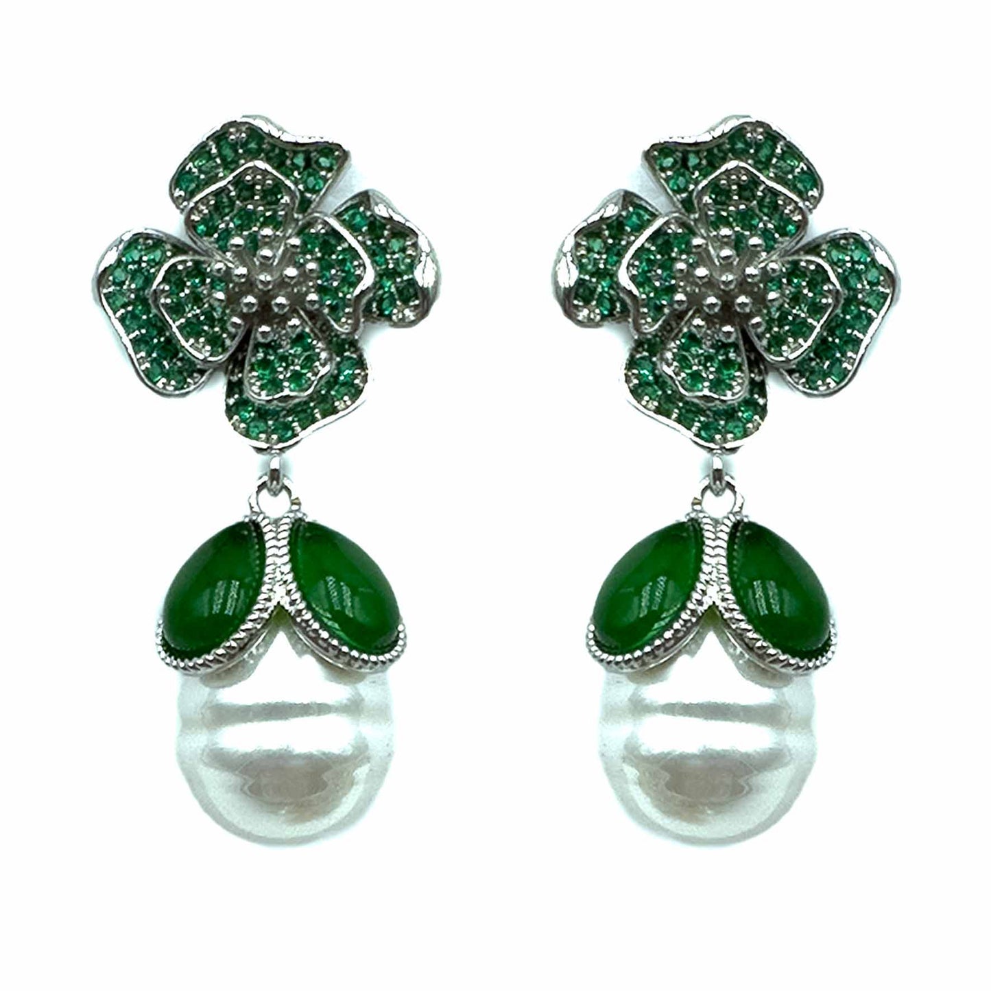 Palestro Milano Orecchini Verde Peonia di pavè con perla pendente
