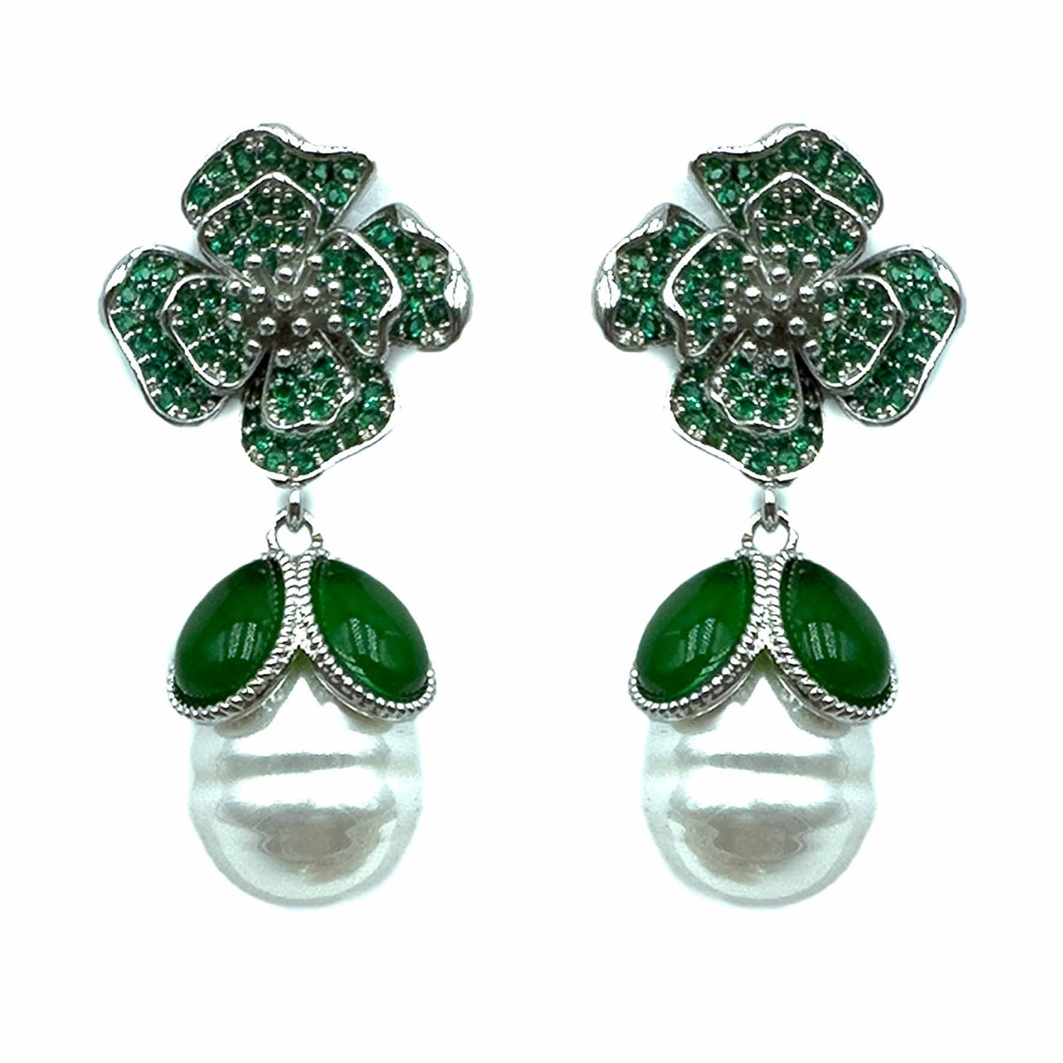 Palestro Milano Orecchini Verde Peonia di pavè con perla pendente