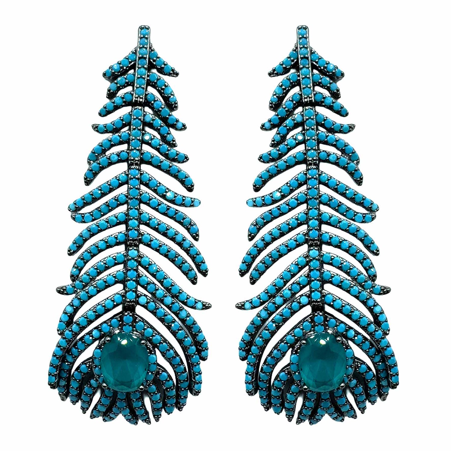 Palestro Milano Orecchini Turquoise Piume di pavone pavè